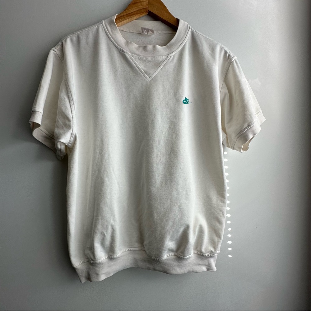 Rare Vintage Nike Short Sleeve Crewneck in White with Embroidered Teal Swoosh XL